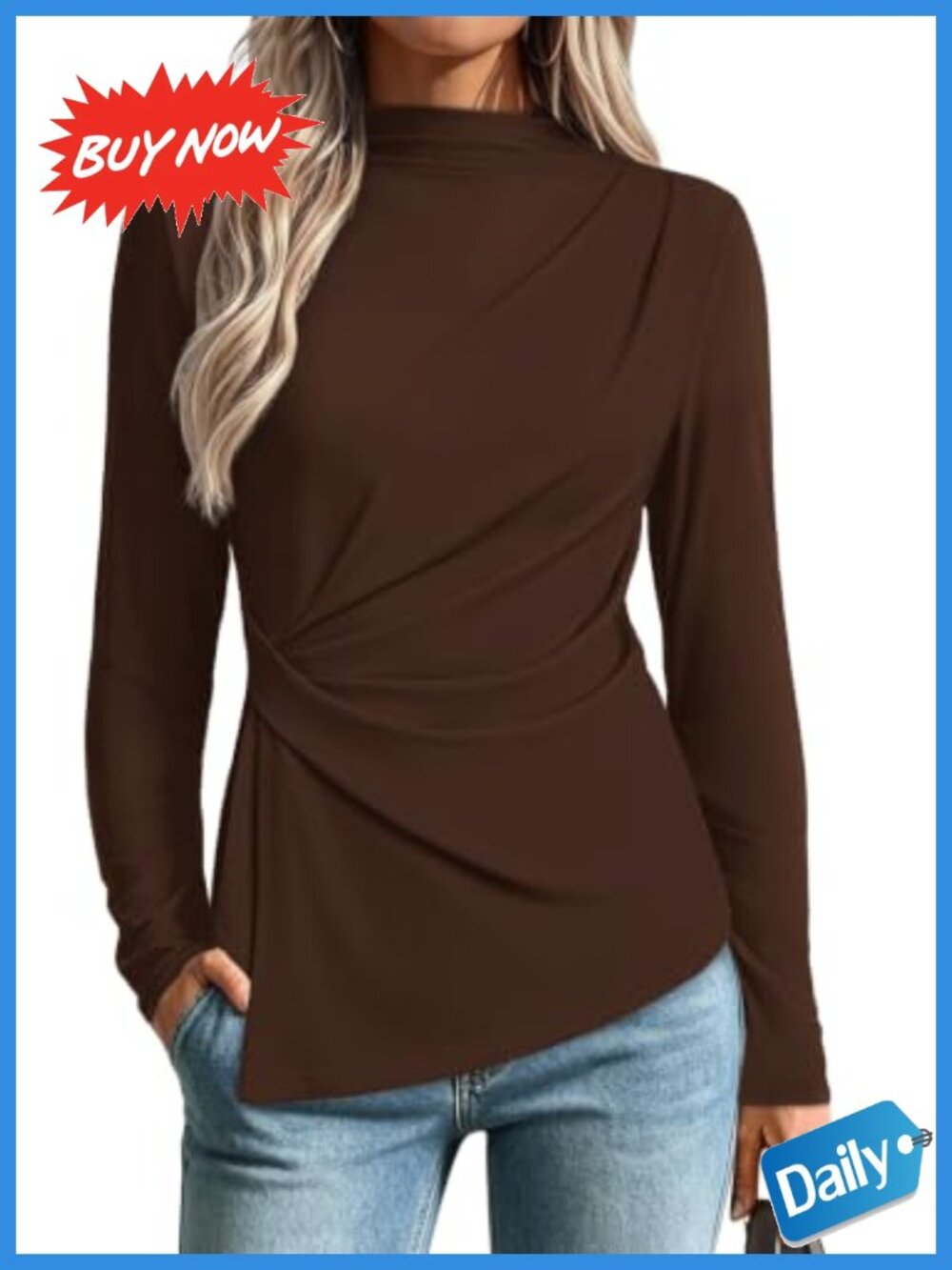 Women's Mock Neck Peplum Blouse Long Sleeve Ruched Waist Business Casual Top